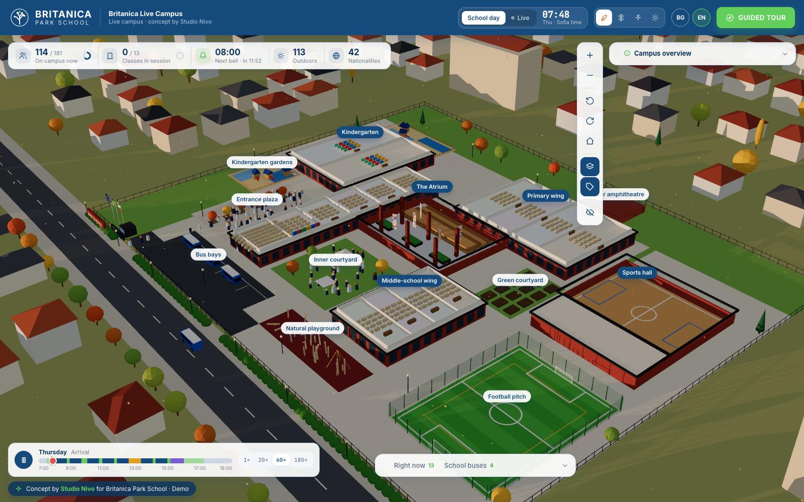 Cutaway view with the roofs lifted, showing classes at their desks and the sports-hall court