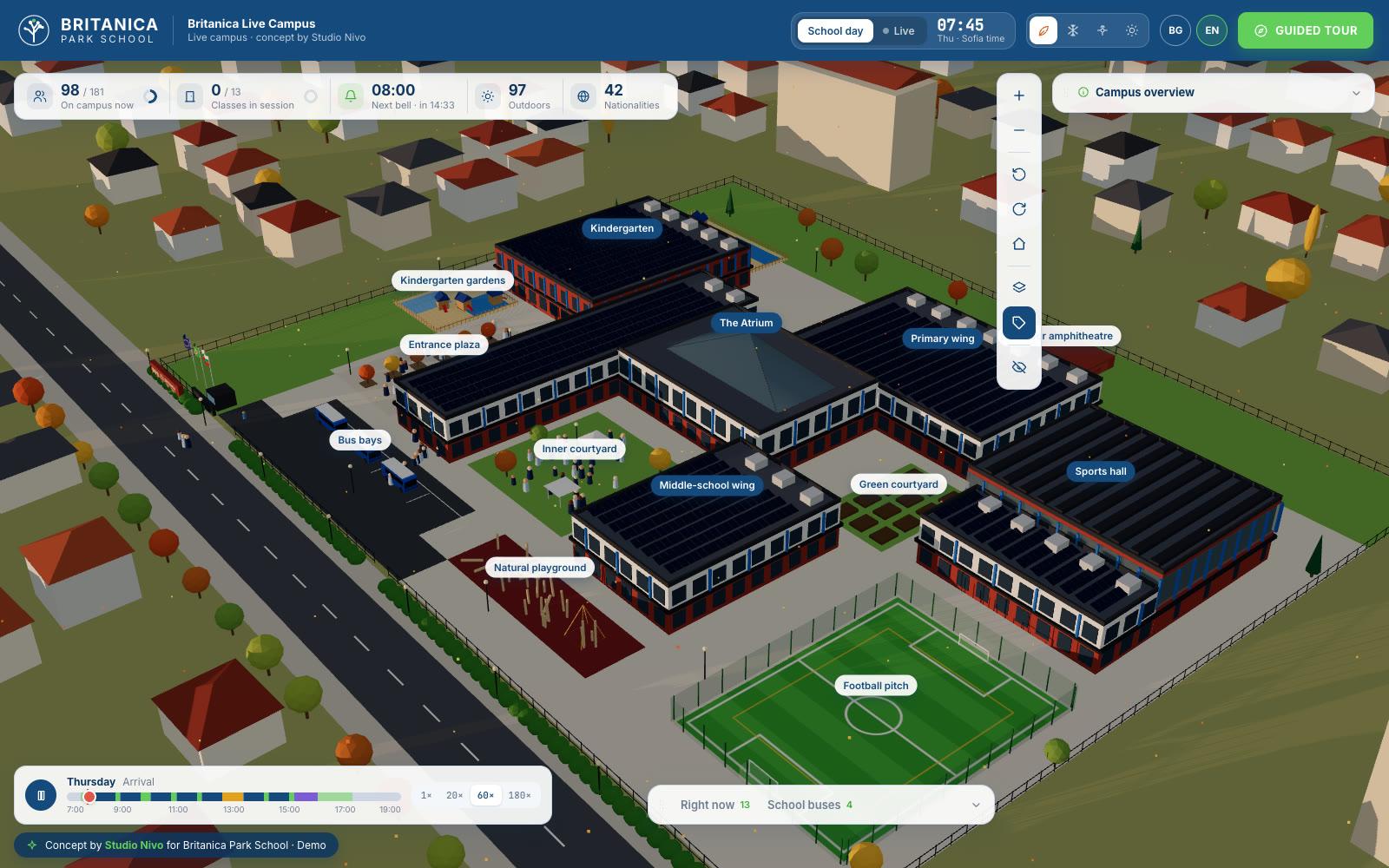 Britanica Live Campus: 3D model of the school campus in autumn with labelled buildings and live figures