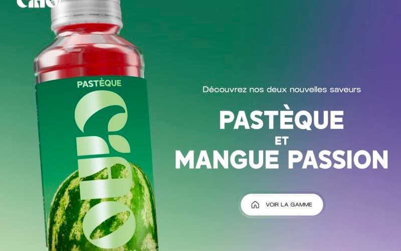 Ciao Kombucha home page: 3D watermelon kombucha bottle next to the headline Pastèque et Mangue Passion