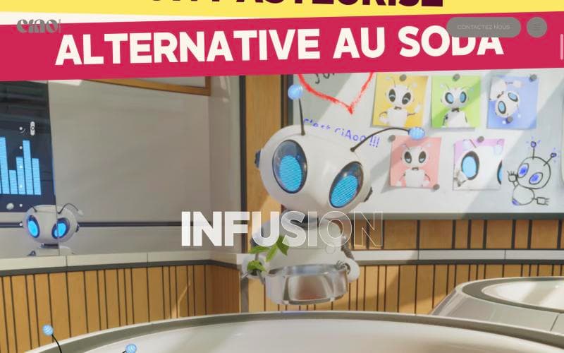 Fabrication page: the Infusion step with a 3D robot mascot in a brewery