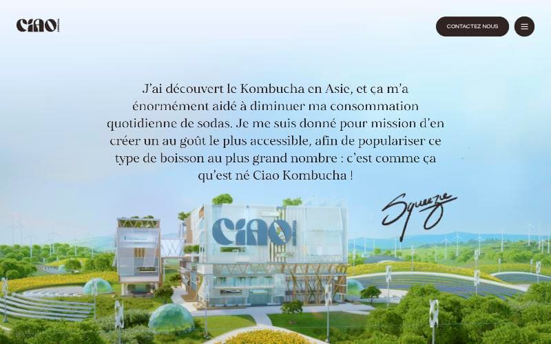 Ciao Kombucha brand story: a quote from Squeezie above a 3D eco-friendly brewery landscape