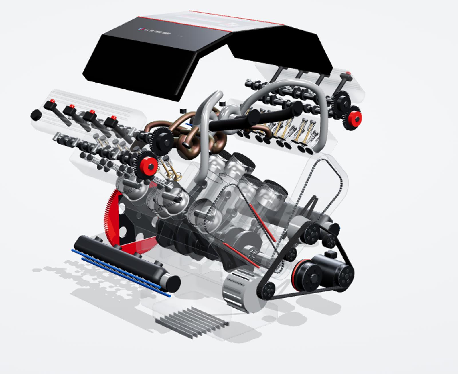 Close-up of the exploded engine internals