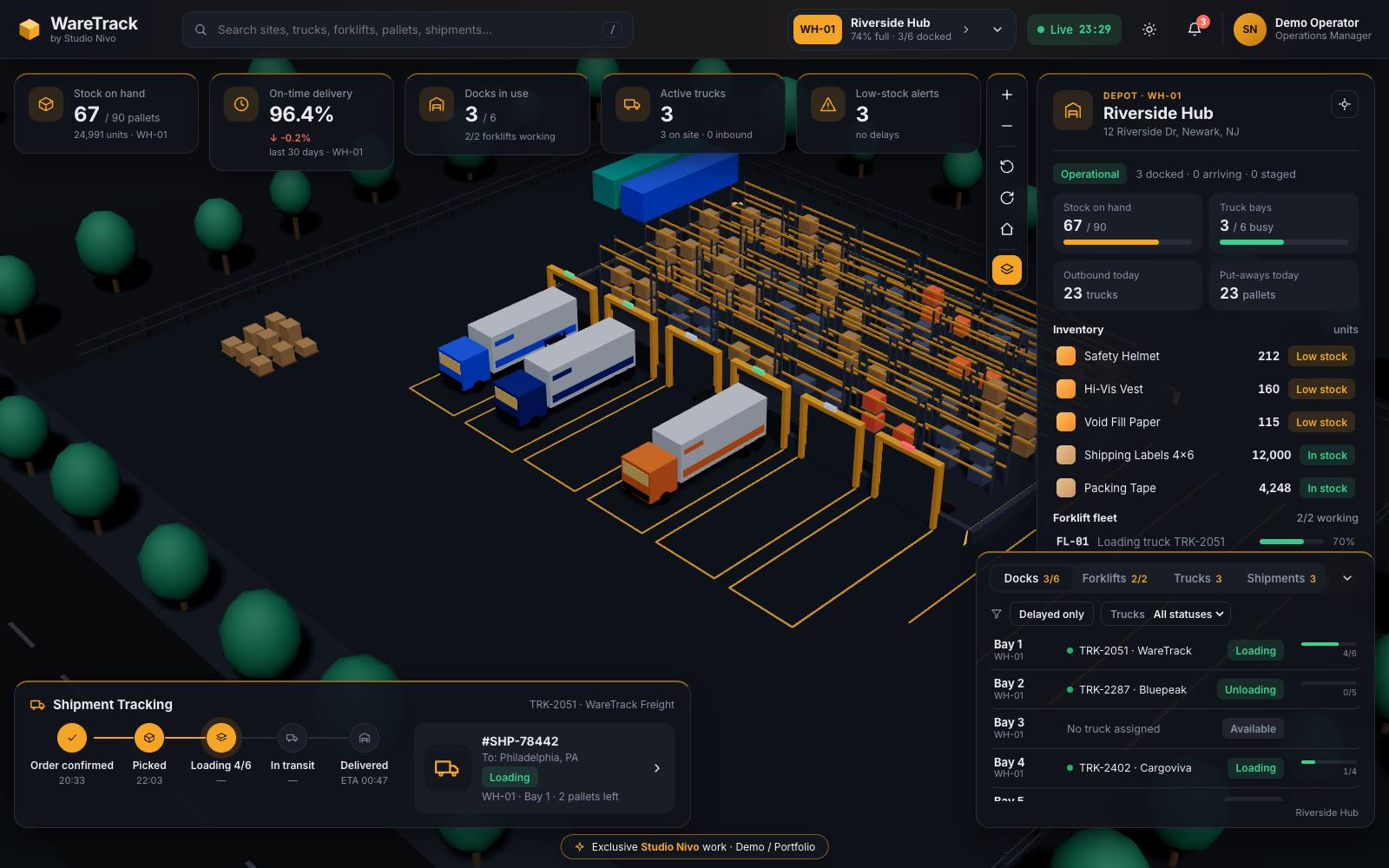 WareTrack night-shift theme: dark industrial interface with amber accents